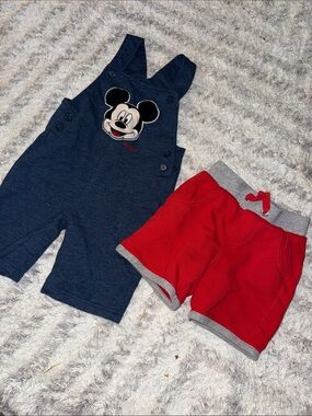 2T Disney Mickey Mouse Navy Overalls with embroidery & Red Shorts